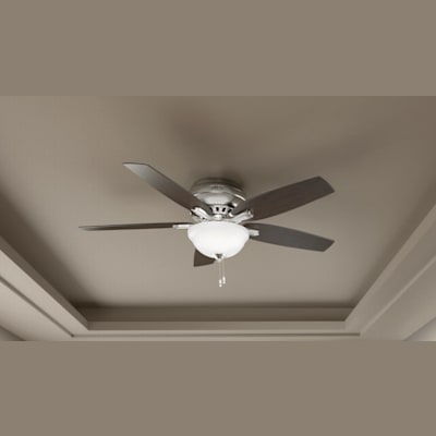 Hunter Newsome 52 Low Profile Ceiling Fan with Cased White Bowl Light Kit - Brushed Nickel - Medium Walnut/Dark Walnut Blades