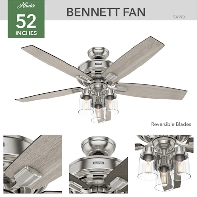 Hunter  52" Bennett Brushed Nickel Ceiling Fan with Light with Handheld Remote 