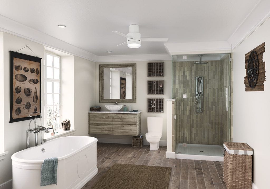 Hunter Ceiling fan in a large coastal bathroom