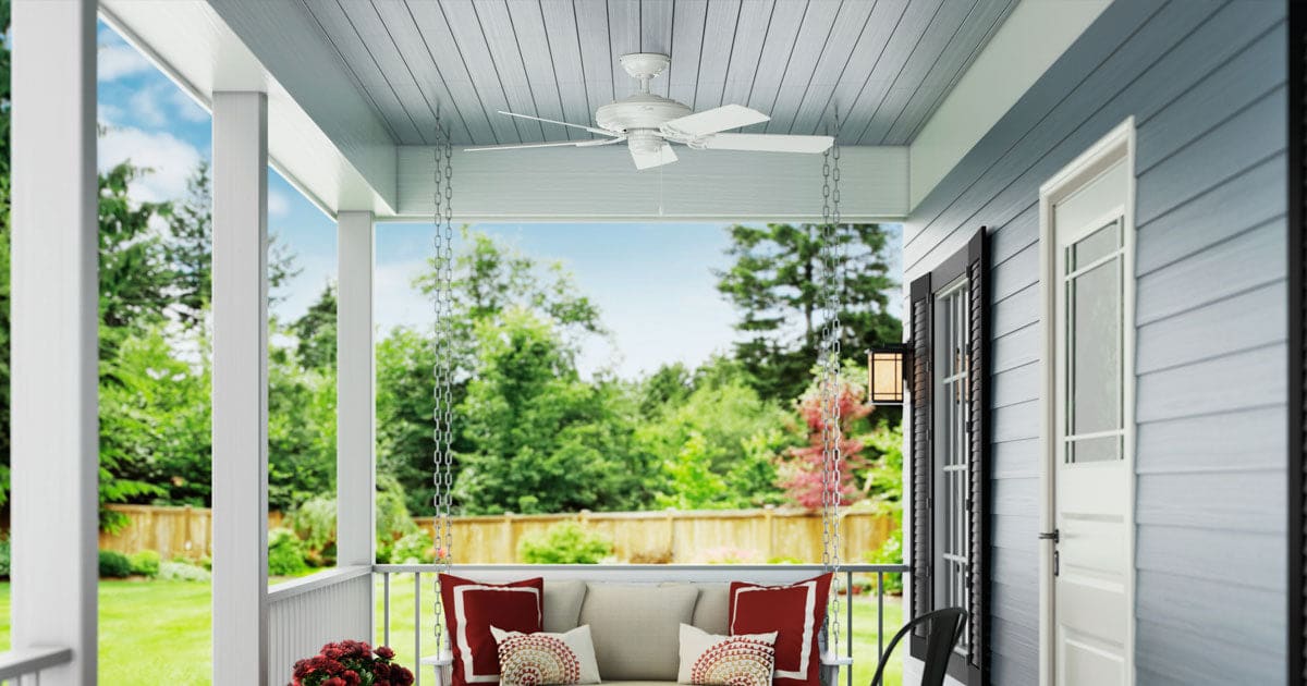 White Sea Air Outdoor ceiling fan over patio