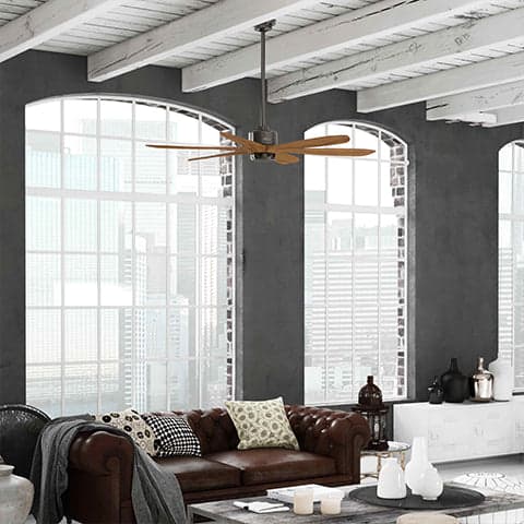 Rhinebeck fan in Noble Bronze, hanging in a modern loft space.