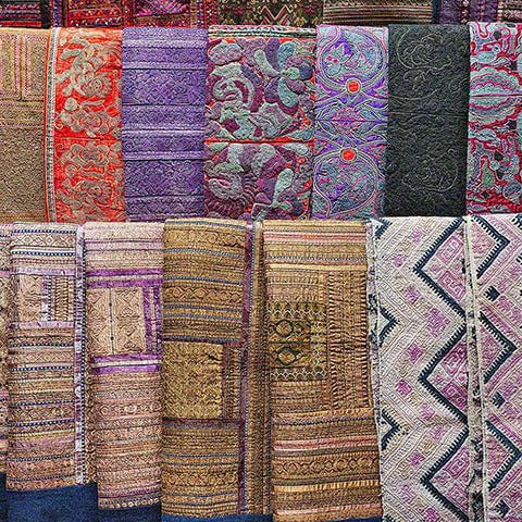 a collage of Bohemian styled rugs