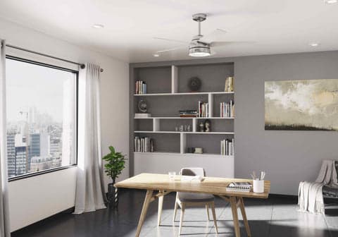 Modern contemporary home office featuring Hunter's Vicenza Ceiling fan in brushed nickle and silver