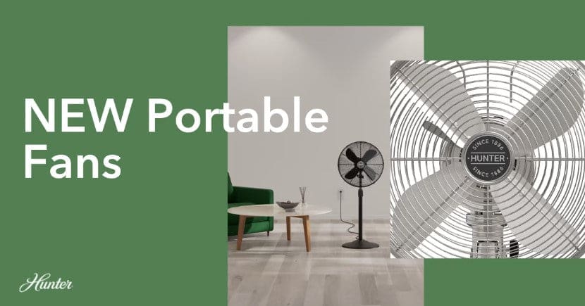 New Portable Fans. Oscillating standing fan in matte black finish and close up of brushed nickel finish.