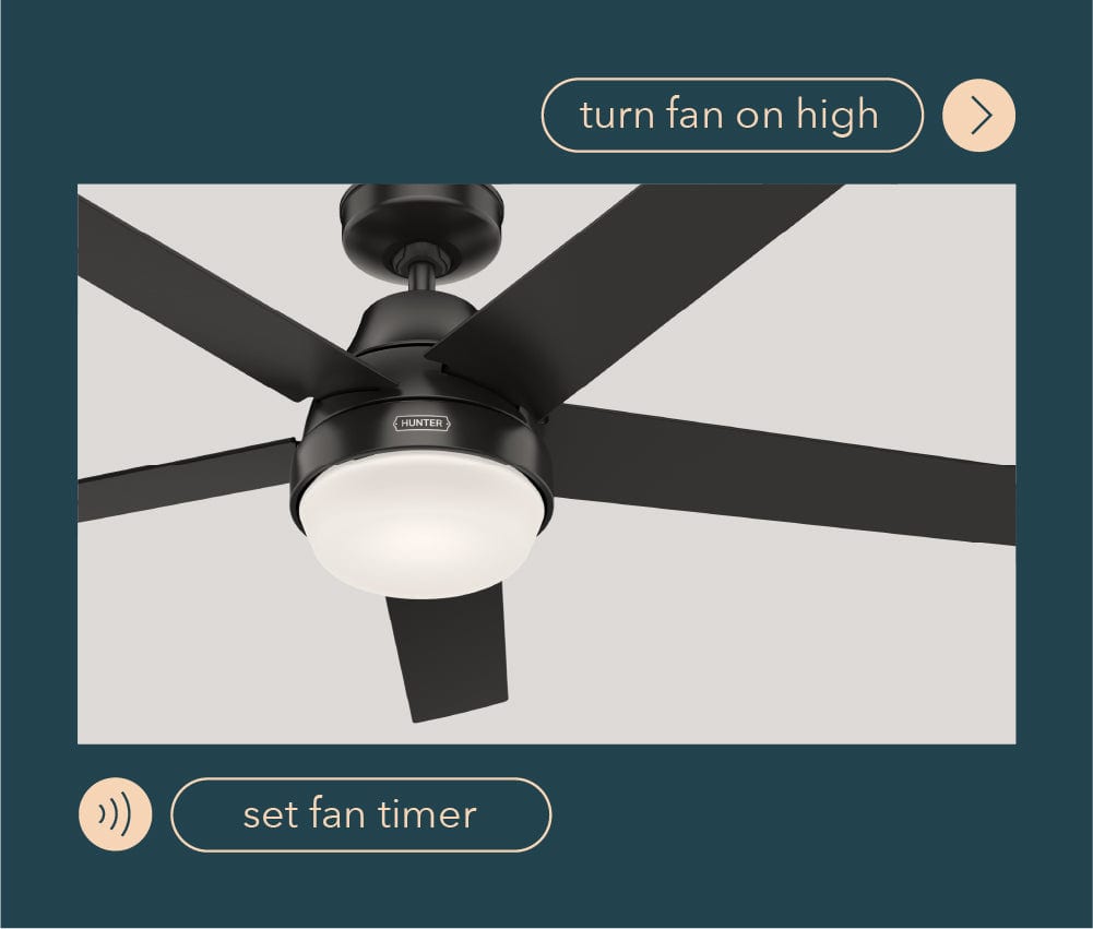 HunterSMART mobile app controls Aerodyne ceiling fan by voice commands and settings.