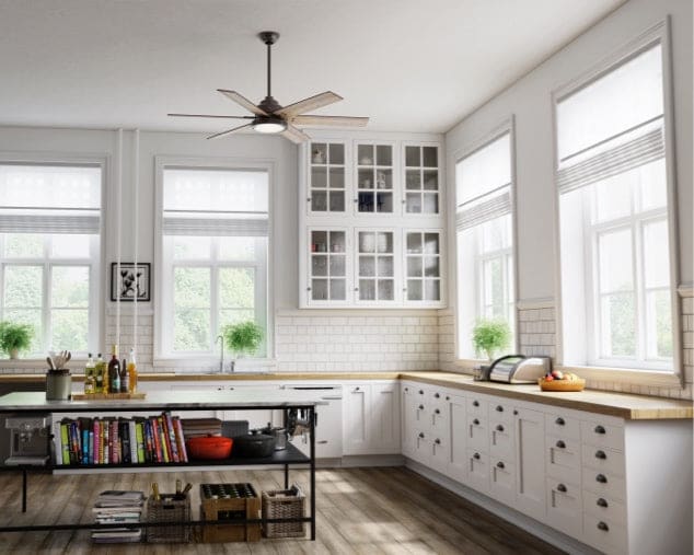 Kitchen room scene with 60inch Warrant ceiling fan in noble bronze finish