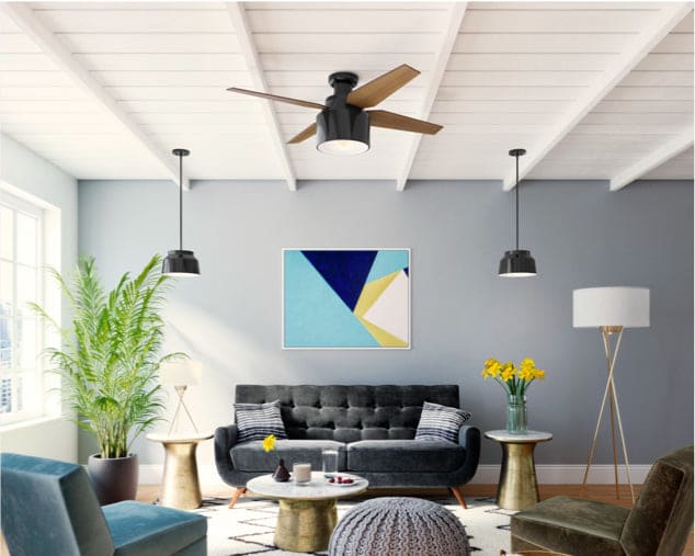 Living room scene with black finish ceiling fan
