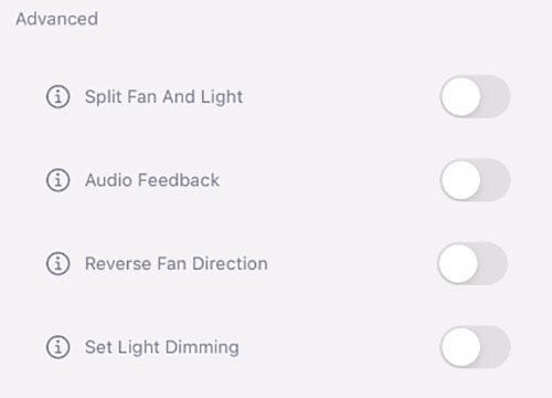 advanced options from the HunterSMART app where reverse fan setting is turned off for the summer months