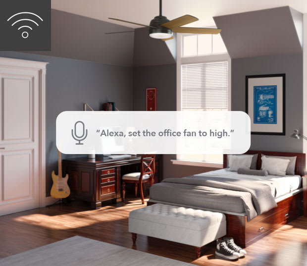bedroom ceiling fan voice controlled by Alexa and HunterSMART app