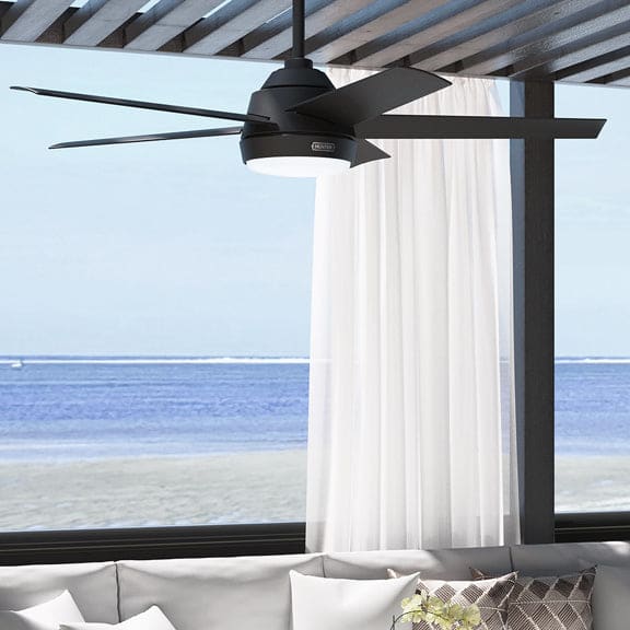 Skyflow mounted on an outdoor pergola in matte black finish.