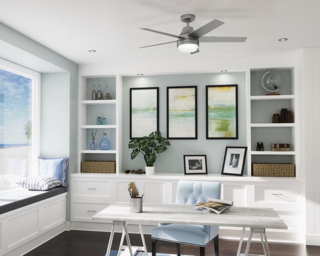 Home office with Aerodyne smart ceiling fan in matte silver finish