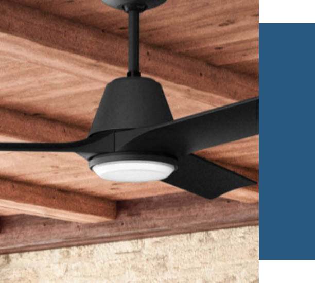 Aeronaut outdoor ceiling fan mounted on wood ceiling.