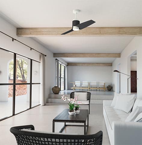 Aya Outdoor Fan with LED light in a modern living room.