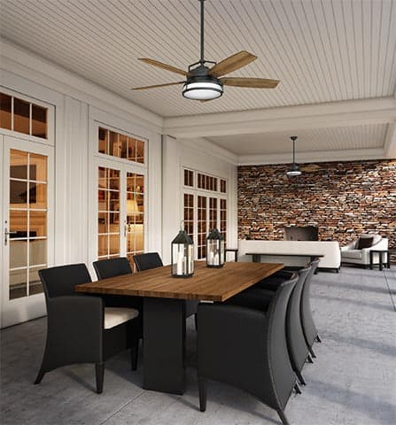 Caneel Bay Outdoor Fan outside on a modern porch