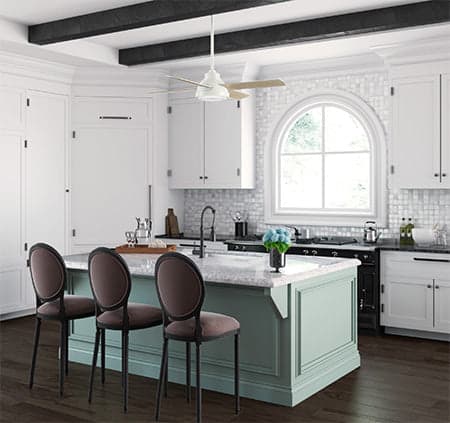 Casablanca's Levitt in Brushed Nickel hanging above a kitchen island in a modern kitchen space.