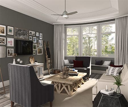 Casablanca's Wisp in Painted Pewter, hanging up in a modern living room.