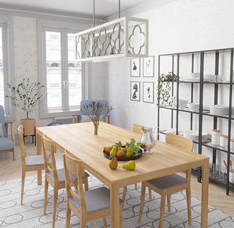Hunter linear farmhouse chandelier in dining room