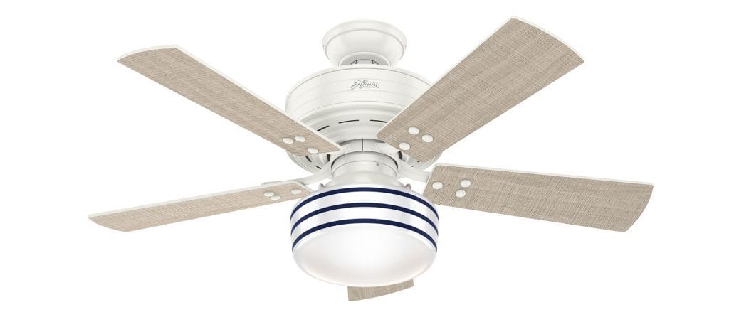Cedar Key coastal white ceiling fan with light featuring shiplap inspired glass