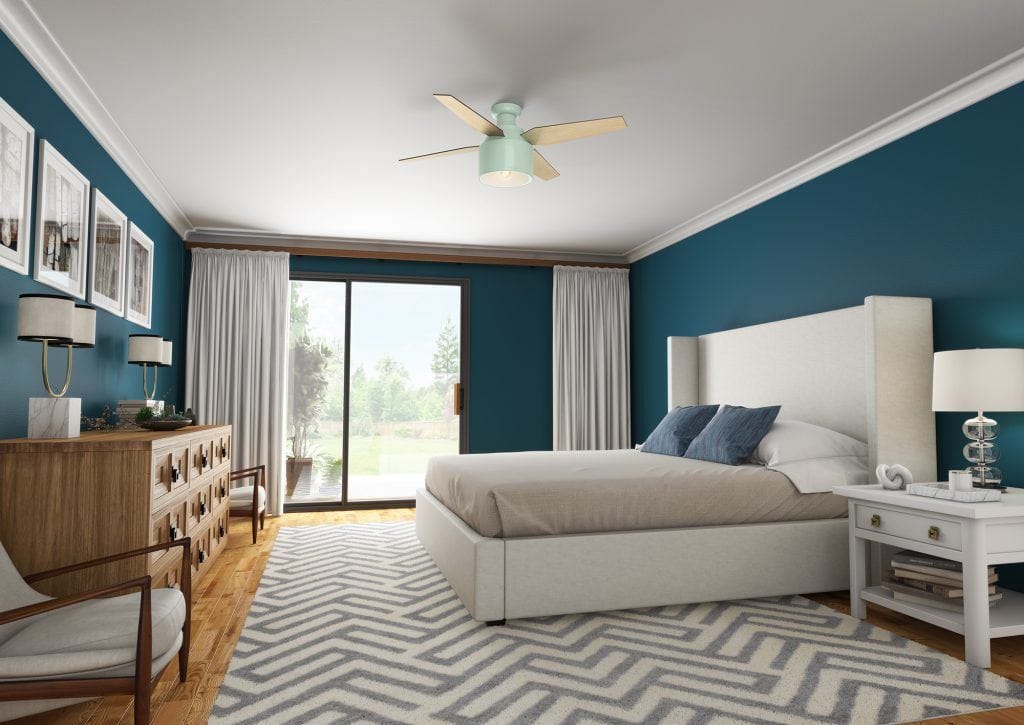 Cranbrook Hunter mint ceiling fan with Edison LED light bulb for pop of color in modern bedroom