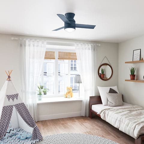 Dublin Hunter fan in a small modern kids room in bohemian gender neutral space