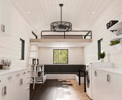Hunter Fennec Caged farmhouse ceiling fan with chandelier light in tiny home Hunter Fan
