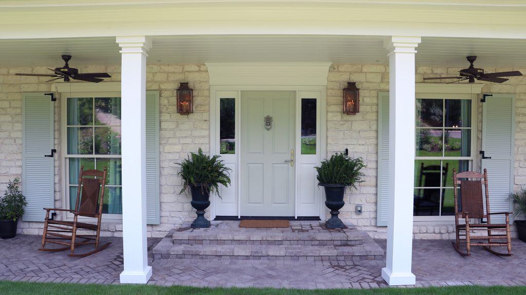 Southern Living Idea House 2018 front porch with Hunter ceiling fans without lights