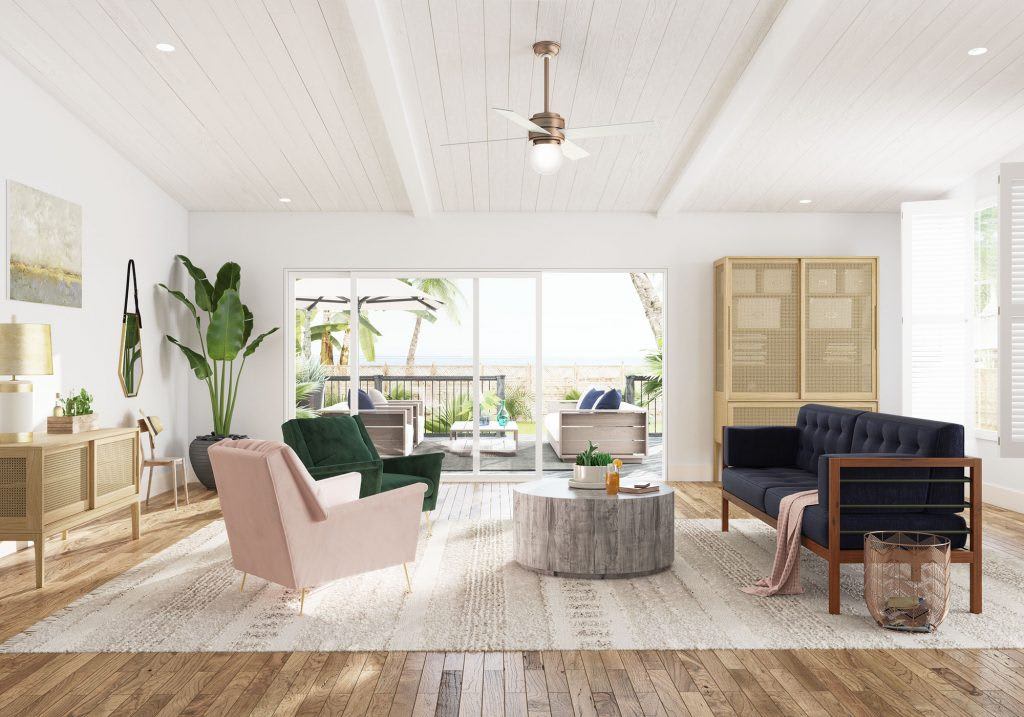 Hepurn Hunter copper ceiling fan with LED light in a spacious living room