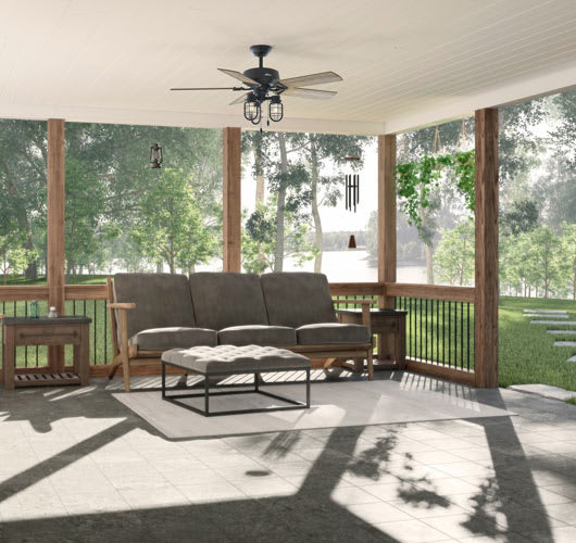 Outdoor patio with industrial style ceiling fan