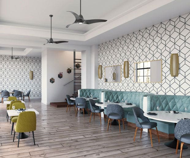 Modern restaurant with Stingray ceiling fan in granite finish
