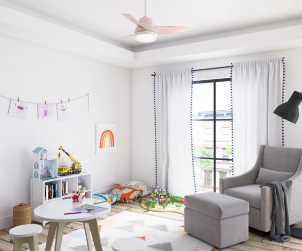 Kids playroom with Valda ceiling fan in blush pink finish