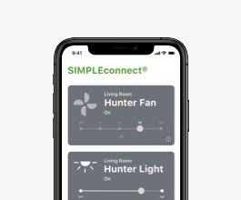 Mobile phone displaying SIMPLEconnect wi-fi ceiling fan application
