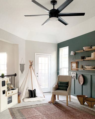 Hunter Solaria Fan in a living room with toys, penniesforafortune