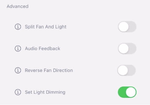 advanced options from the HunterSMART app where dimming setting is turned on