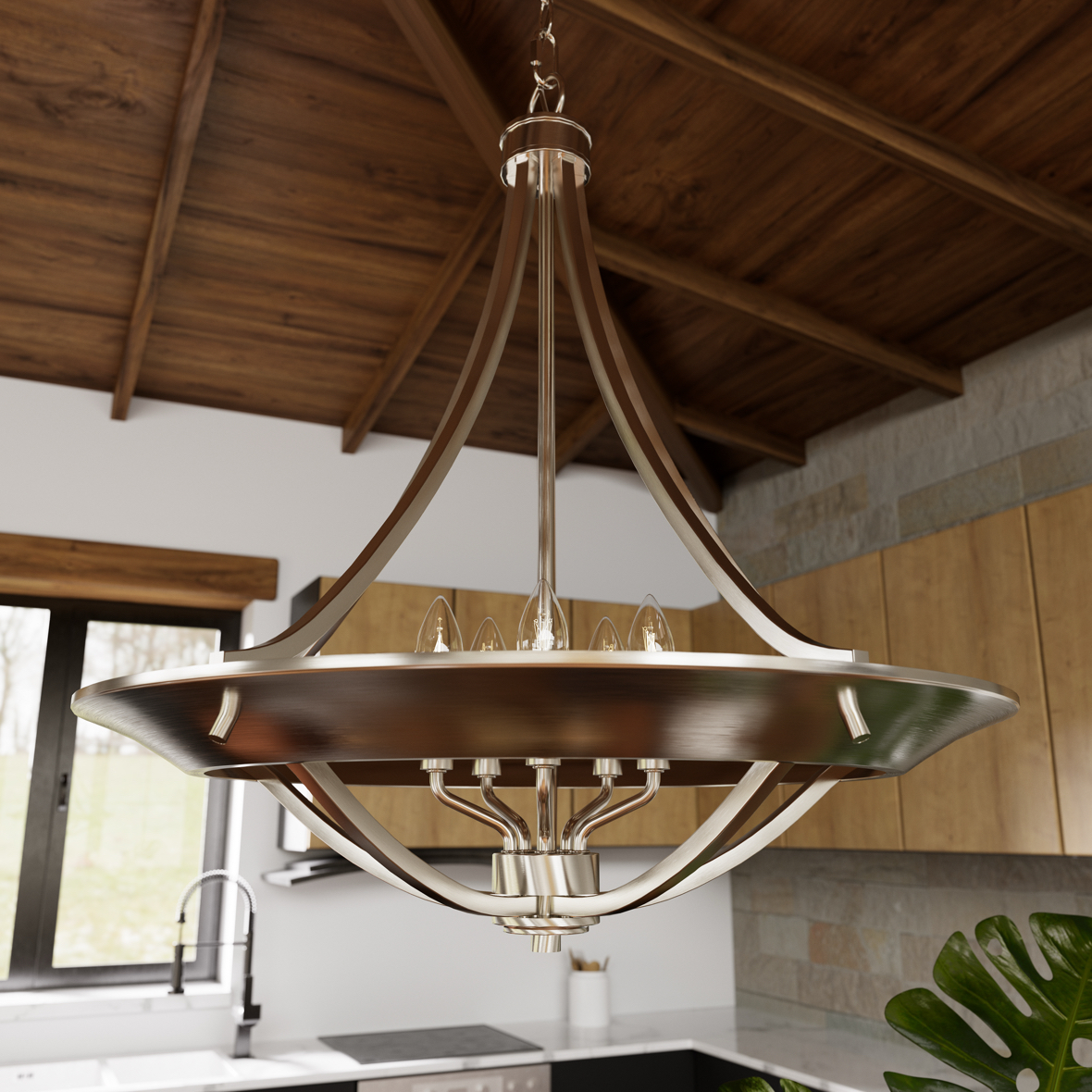 Perch Point 4 Light Pendant 24 Inch in brushed nickel finish.
